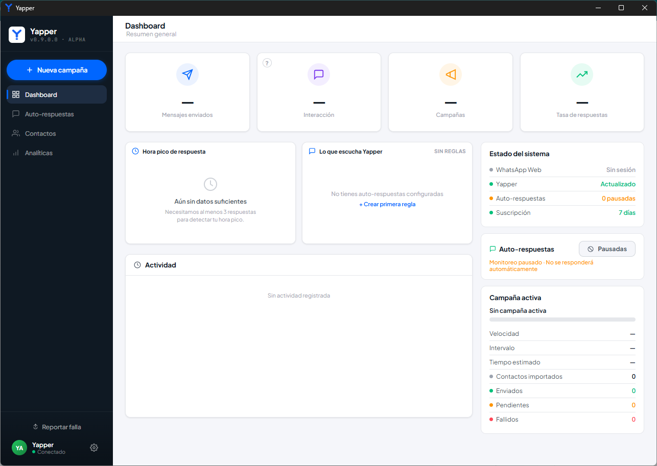 Dashboard de Yapper con la opción Auto-respuestas en el sidebar