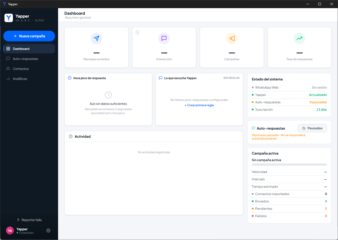 Dashboard de Yapper con el ícono de configuración en la esquina inferior izquierda del sidebar