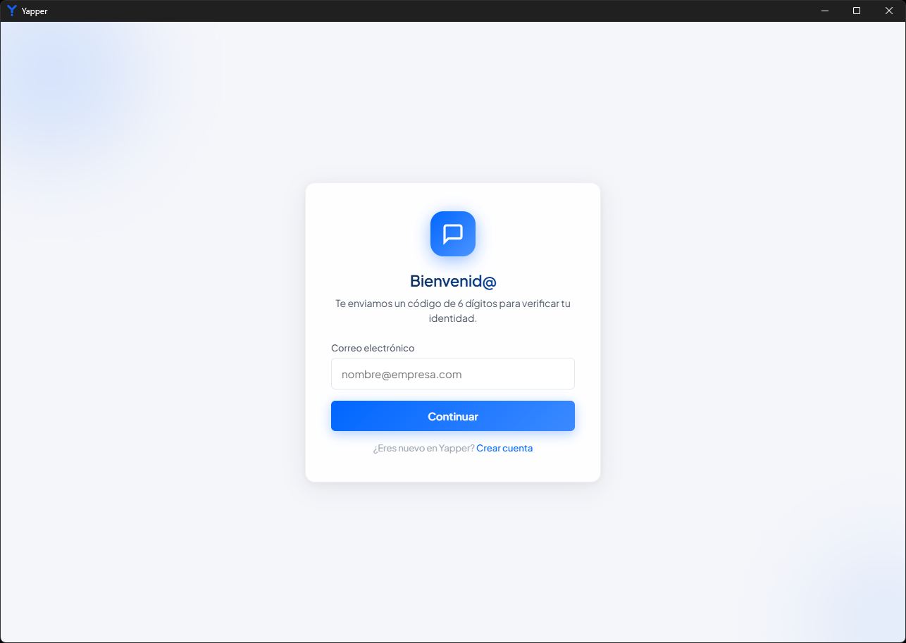Pantalla de inicio de Yapper con campo de correo y enlace para crear cuenta