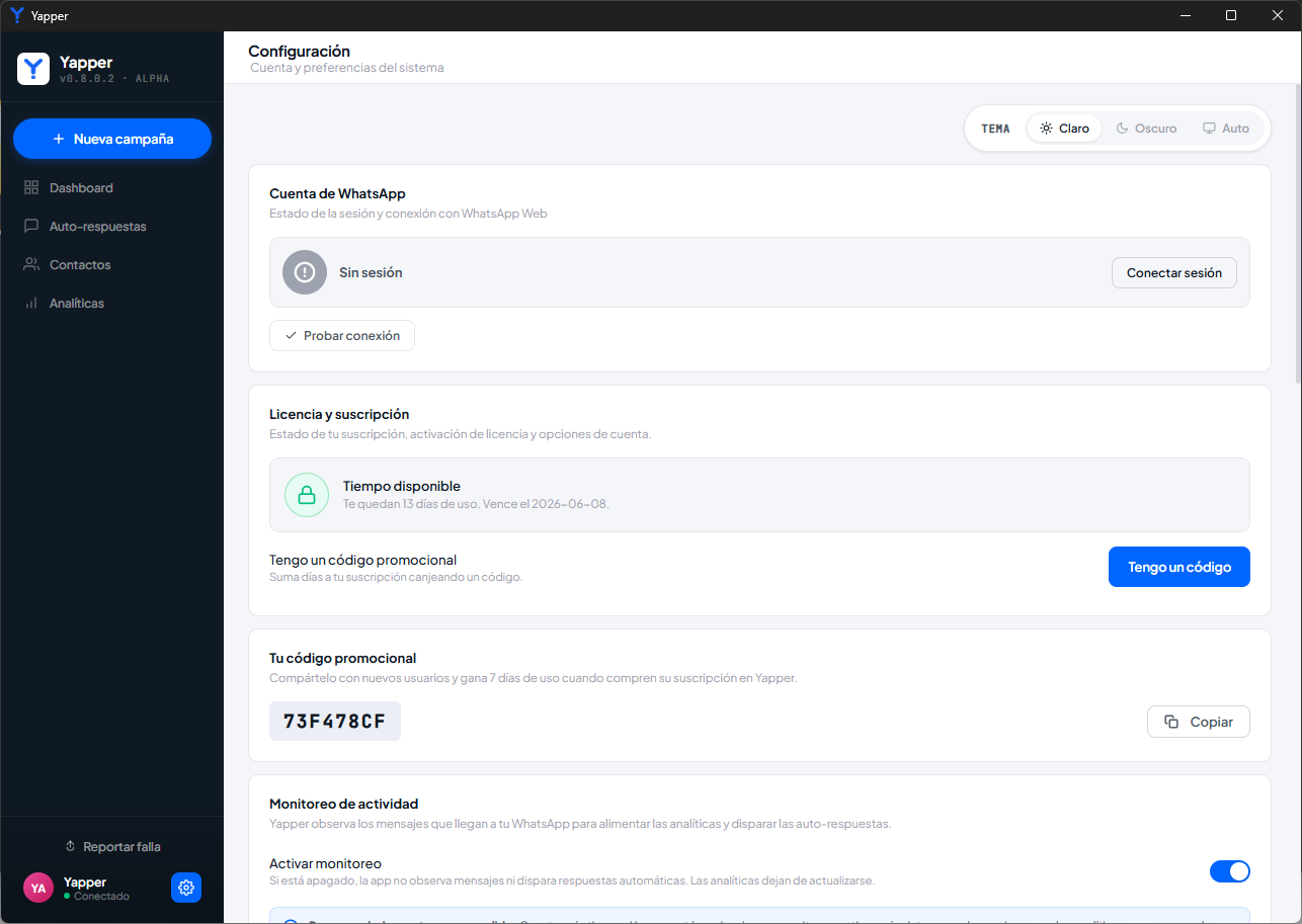 Pantalla de configuración con la sección Cuenta de WhatsApp y el botón Conectar sesión a la derecha