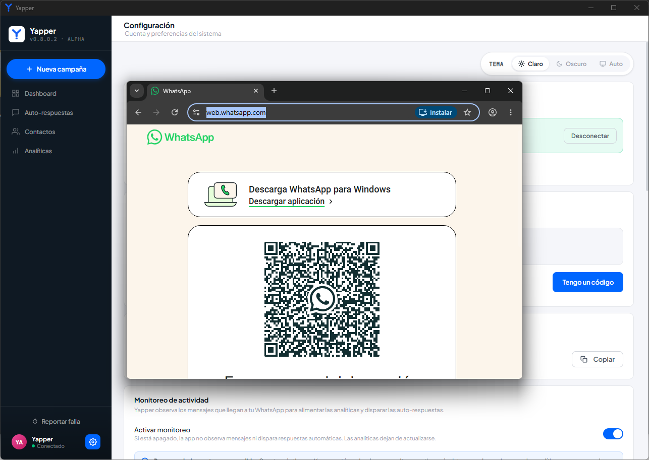 Ventana de WhatsApp Web abierta mostrando el código QR para vincular el dispositivo