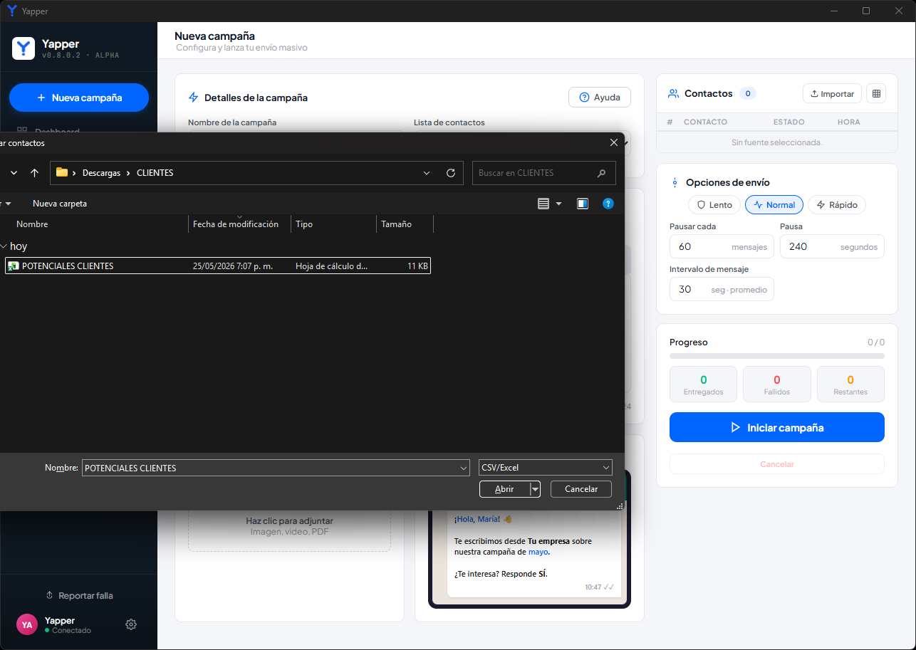 Diálogo del explorador de archivos con un archivo Excel de contactos seleccionado