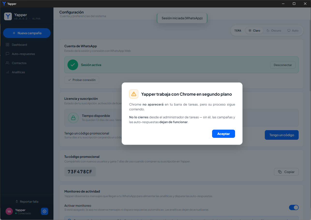 Diálogo emergente pidiendo aceptar que Chrome trabaje en segundo plano