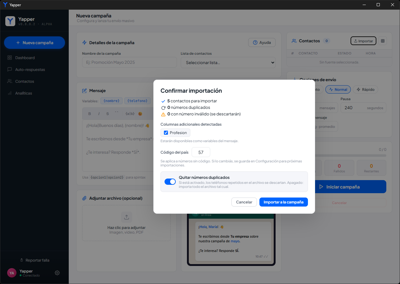 Modal de confirmación de importación con conteo de contactos, código del país y opción de quitar duplicados