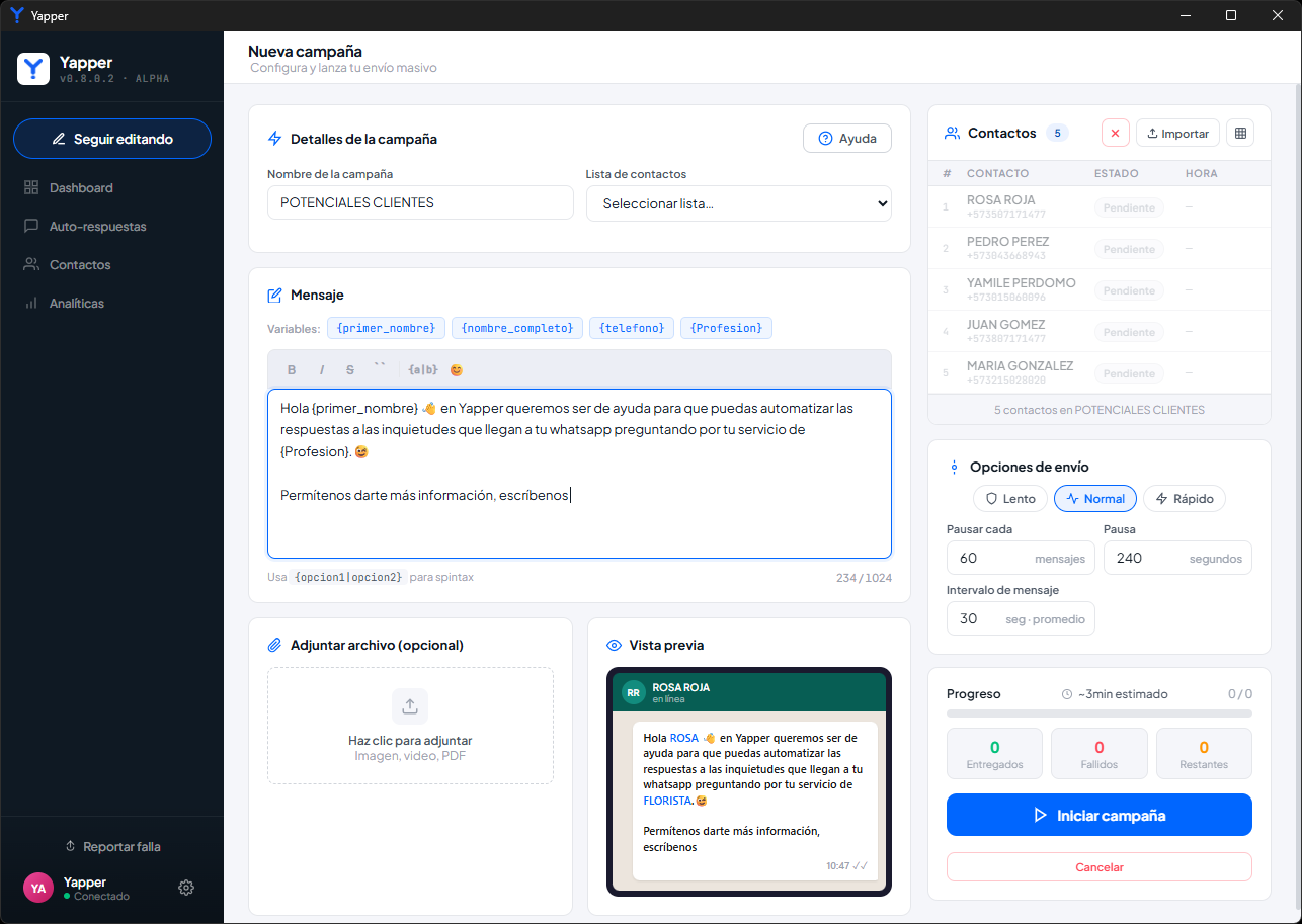 Editor de mensaje con variables disponibles como nombre, teléfono y profesión
