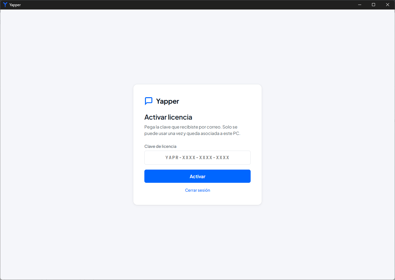 Pantalla de activación de licencia con campo para pegar la clave recibida