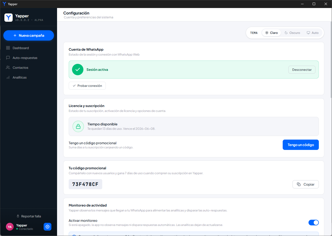 Pantalla de configuración mostrando la sesión de WhatsApp activa con check verde
