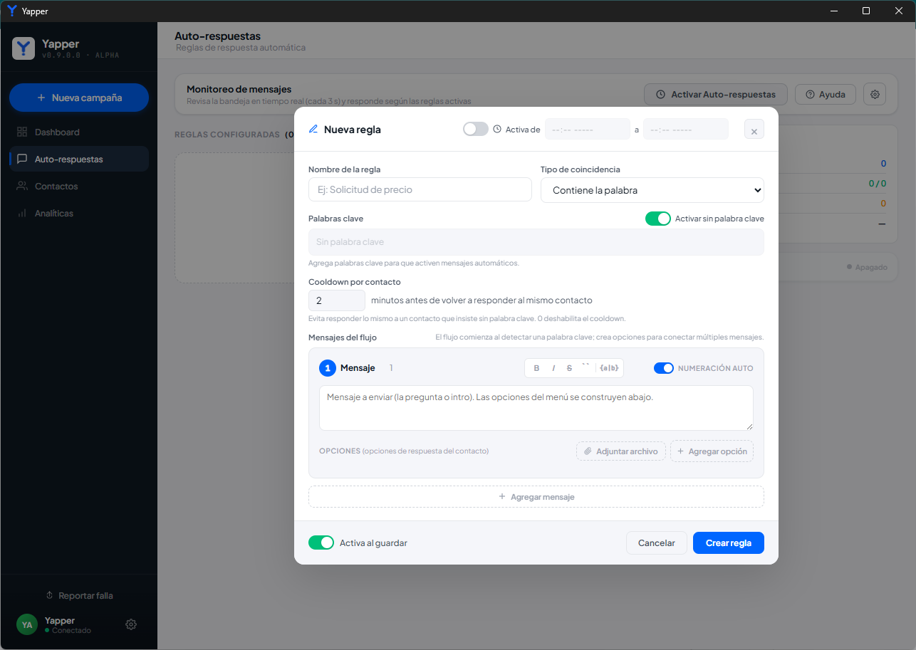 Modal de Nueva regla con la opción Activar sin palabra clave activada