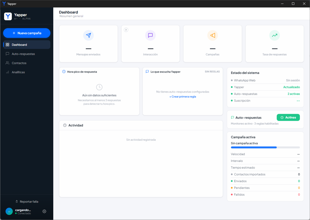 Dashboard principal de Yapper