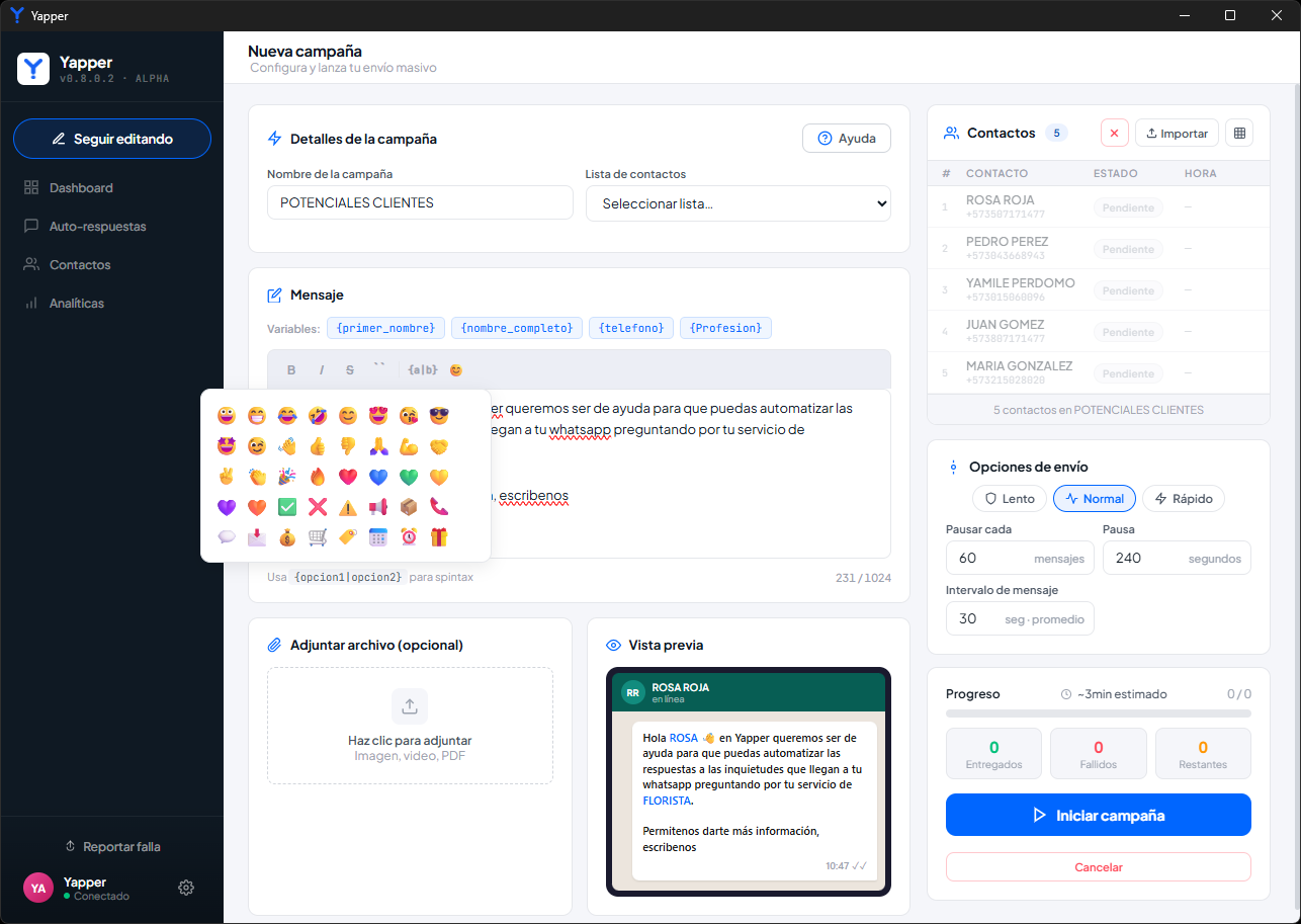 Editor de mensaje con el selector de emojis abierto sobre el área de texto