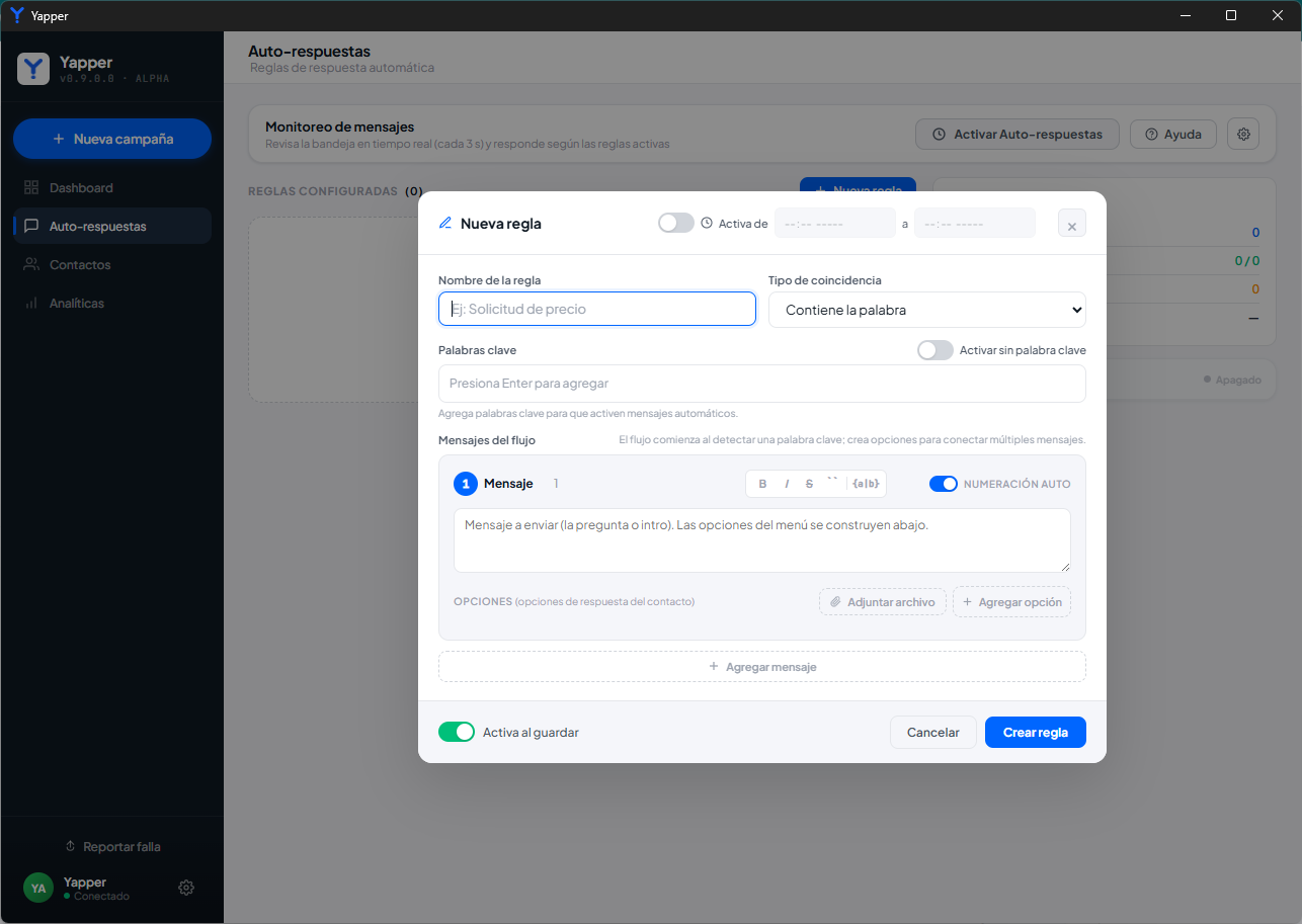 Modal de Nueva regla con los campos de nombre y palabras clave
