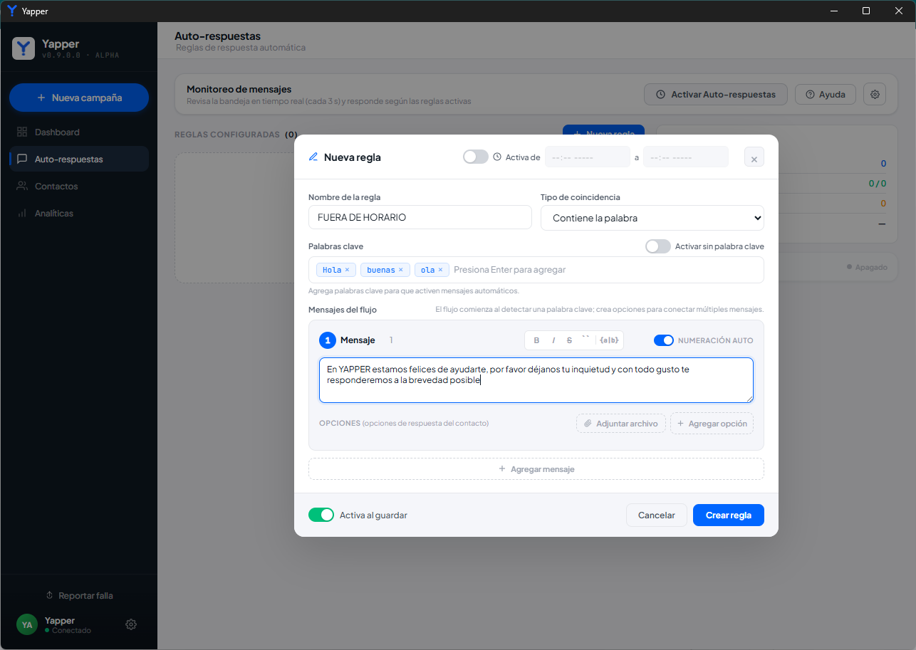Modal de Nueva regla con el mensaje completo y el botón Crear regla destacado
