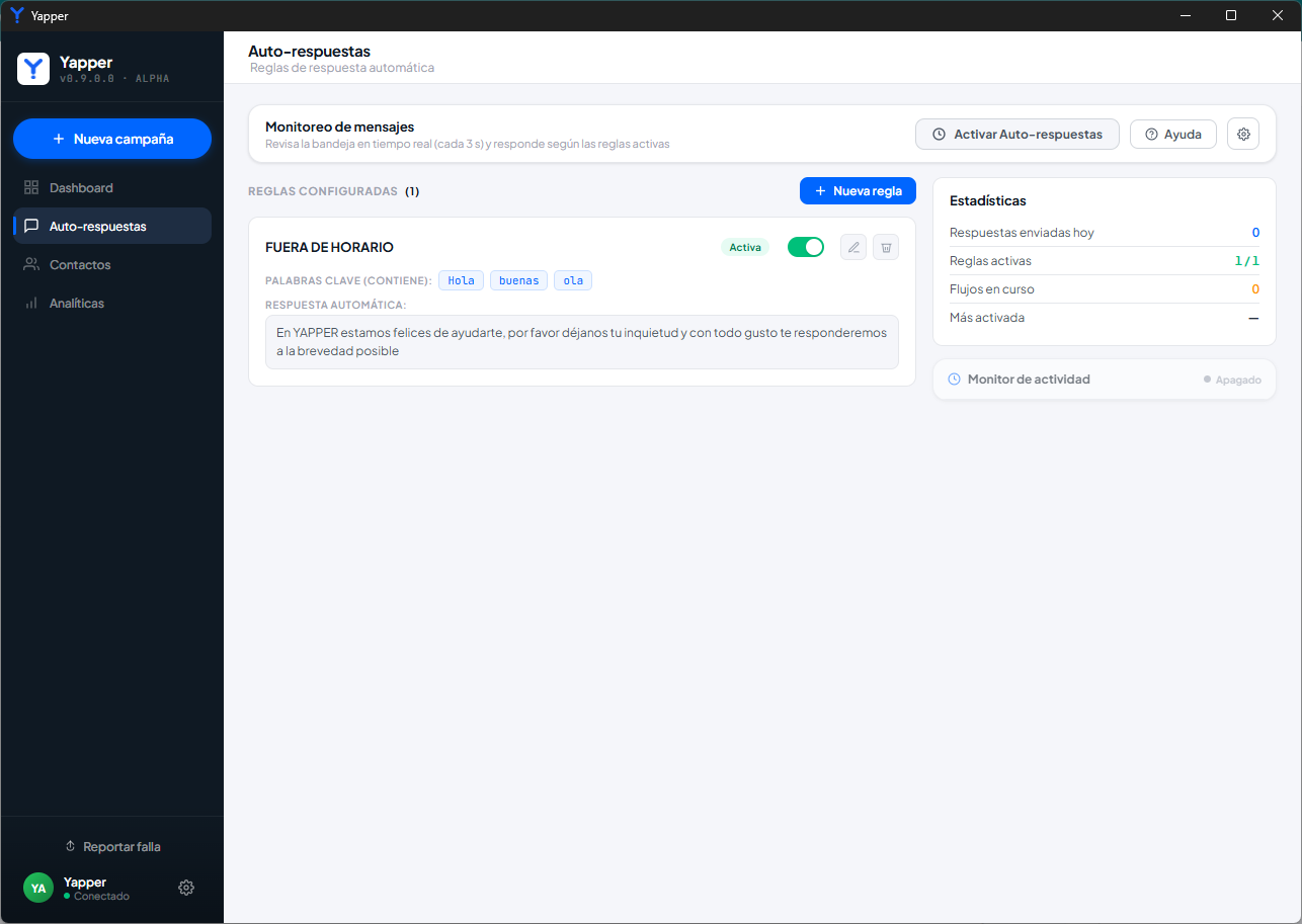 Listado de reglas configuradas con el botón Activar Auto-respuestas destacado en la parte superior derecha