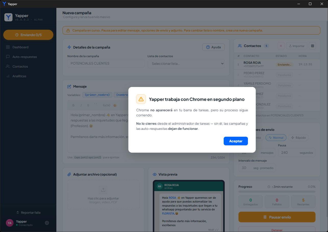 Diálogo emergente pidiendo aceptar que Chrome trabaje en segundo plano durante el envío